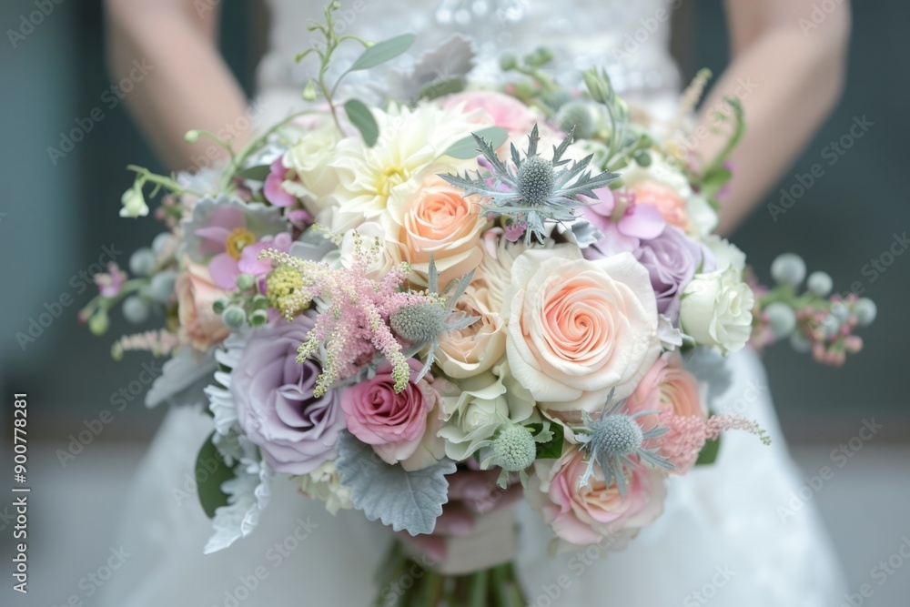 Bride holding a pastel wedding bouquet with roses, thistles, and assorted flowers. Close-up shot. Wedding and floral arrangement concept. Design for greeting card, invitation, poster. Generative AI Bride holding a pastel wedding bouquet with roses, thistles, and assorted flowers. Close-up shot. Wedding and floral arrangement concept. Design for greeting card, invitation, poster. Generative AI