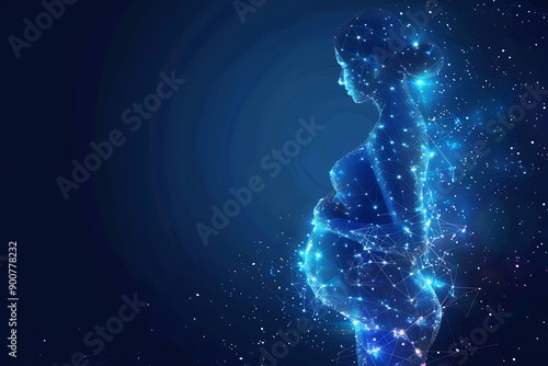 A digital wireframe polygon illustration of a pregnant woman on a blue background, highlighting the beauty of pregnancy and modern design. The image emphasizes the structure and form of the woman, sym