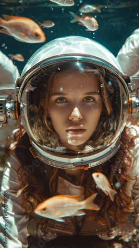 a woman in an astronaut suit surrounded by fish photo