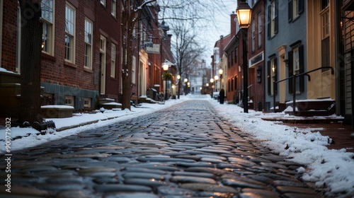 A quaint, cobblestone street covered in the first snow of winter