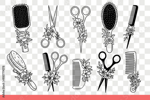 Scissors and combs for hairdressers who do fashionable hairstyles and cut hair. Flowers near scissors with combs to take care of hairdo and get rid of split ends. Hand drawn doodle
