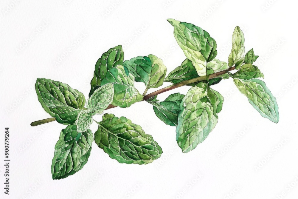 Fototapeta premium Watercolor illustration of green mint leaves on a white background. Botanical art style. Herbal and gardening concept. Ayurveda. ayurvedic herbs. Generative AI