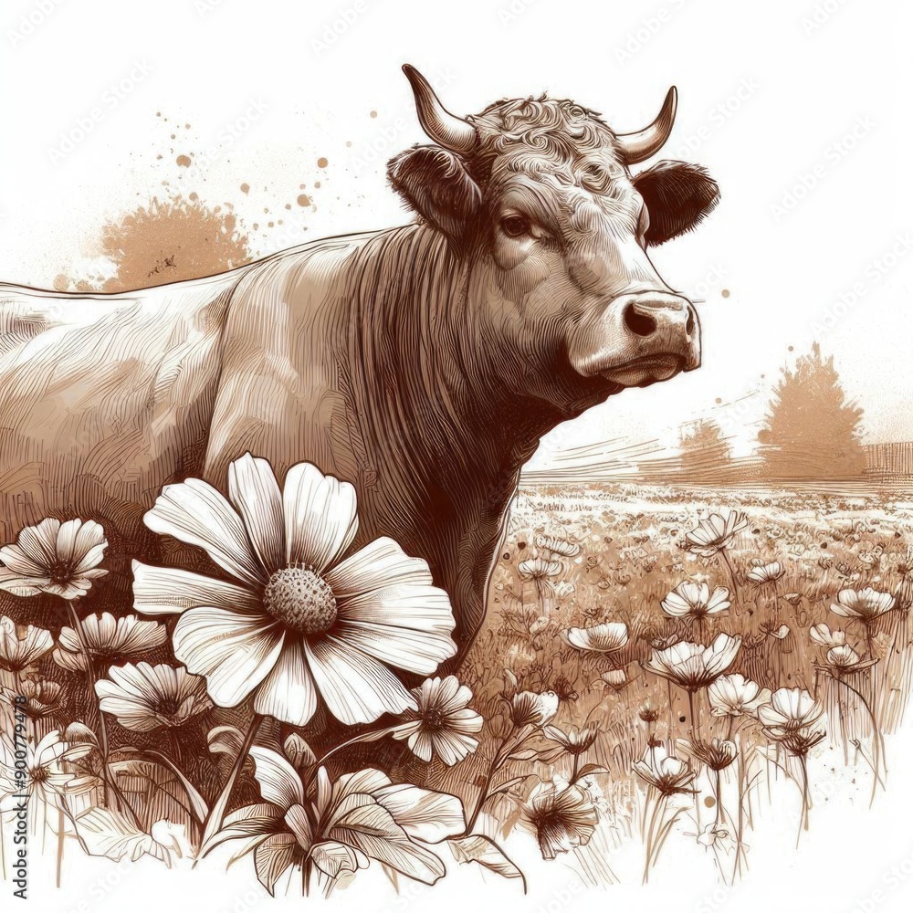 Hand drawing watercolor drawin illustrations cow, goat. line art ...