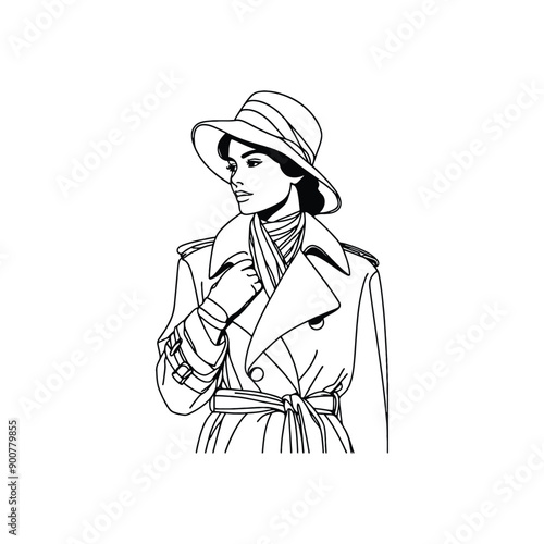 woman wearing retro fashion classic trench coat paired with a vintage scarf and gloves 