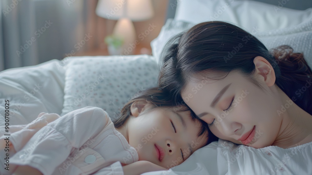 A Mother and Daughter Sleeping Peacefully in Bed A Mother and Daughter Sleeping Peacefully in Bed