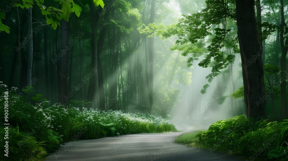 Fototapeta premium A serene forest path enveloped in morning mist with ethereal light filtering through dense foliage
