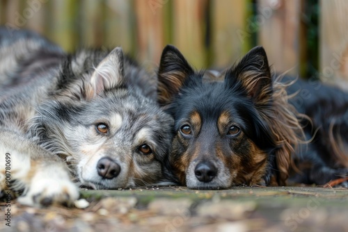 Closeup of two affectionate dogs lying down side by side, gazing calmly photo