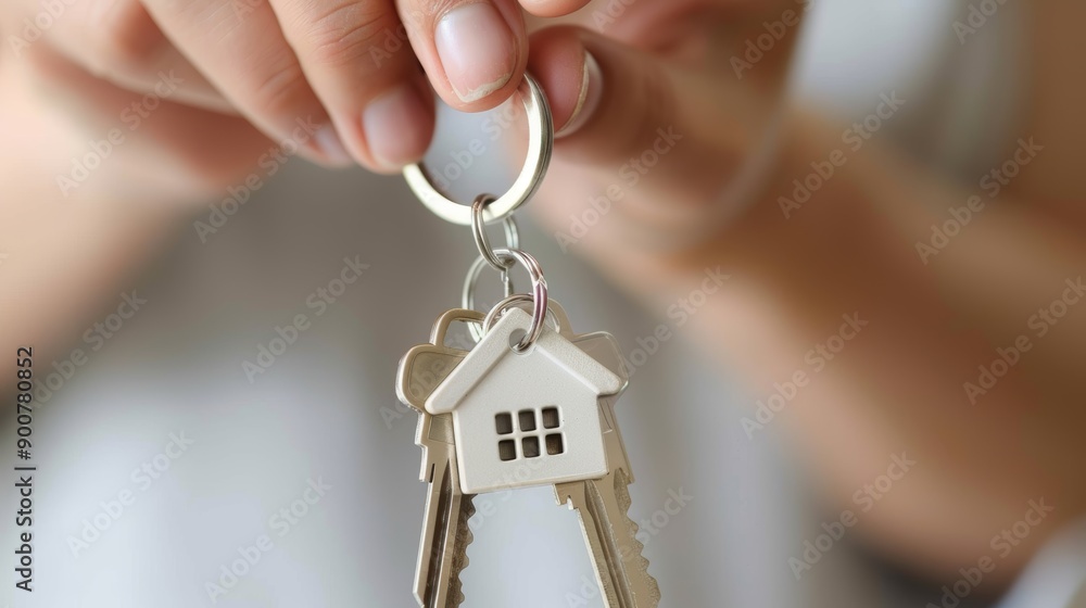 Achievement of Homeownership Symbolized by Hand Holding Keys with House Keychain for Real Estate Themes Achievement of Homeownership Symbolized by Hand Holding Keys with House Keychain for Real Estate Themes
