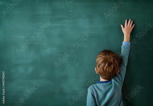 A young boy is raising his hand to a teacher in front of a blackboard.