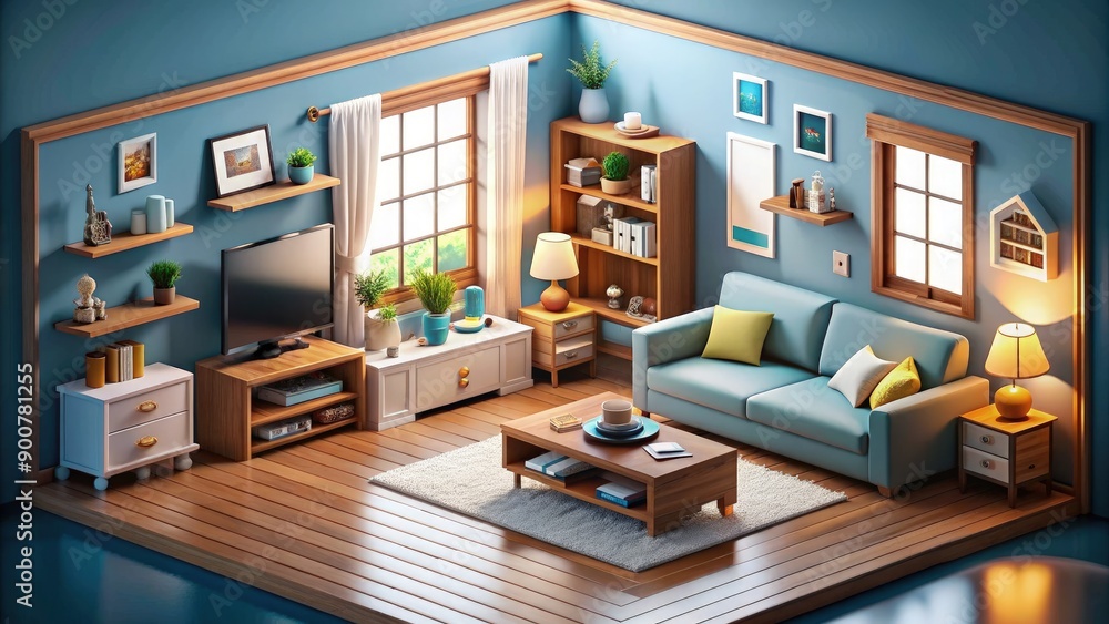 Cozy Living Room With Blue Walls And Wooden Furniture. Generative AI Cozy Living Room With Blue Walls And Wooden Furniture. Generative AI