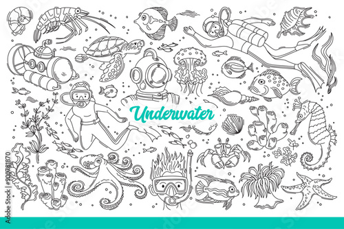 Underwater life tropical ocean with animals and corals near divers with scuba gear or deckhouses. Underwater bathyscaphe with scientists explores flora and fauna inhabiting seabed. Hand drawn doodle