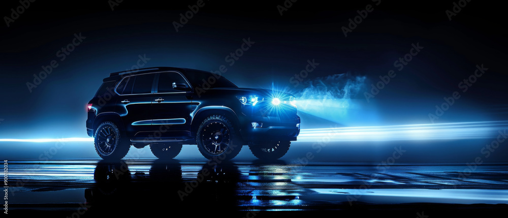 A dark blue SUV vehicle with headlights on is illuminated against the background of darkness creating an attractive visual effect headlights light up in white and reflect off its surface A dark blue SUV vehicle with headlights on is illuminated against the background of darkness creating an attractive visual effect headlights light up in white and reflect off its surface