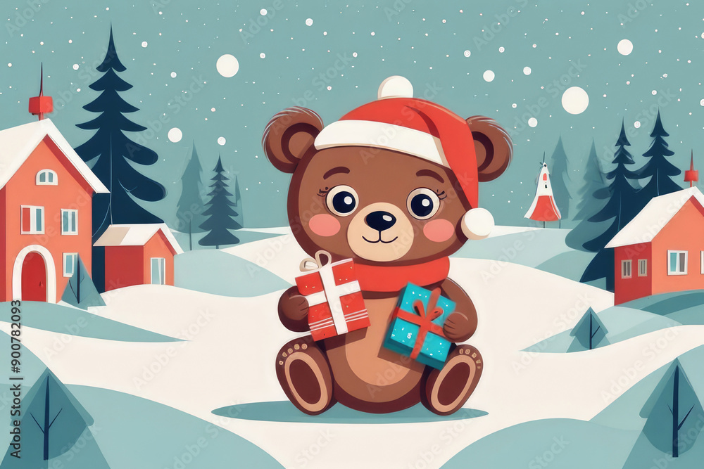 Little bear holding holiday gifts and decorations. Little bear holding holiday gifts and decorations.