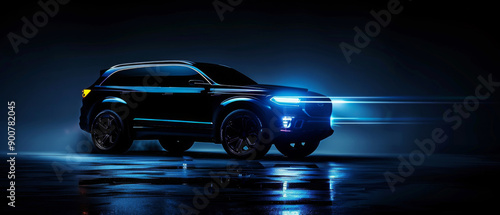 A dark blue SUV vehicle with headlights on is illuminated against the background of darkness captures the sleek lines and design details of the automobile photo