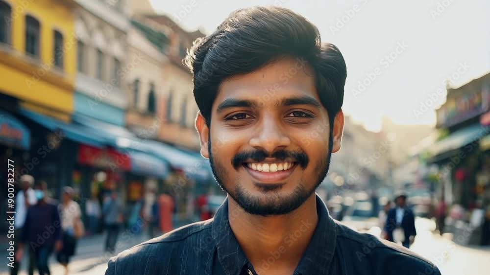 Indian man smiling happy on a city street Indian man smiling happy on a city street