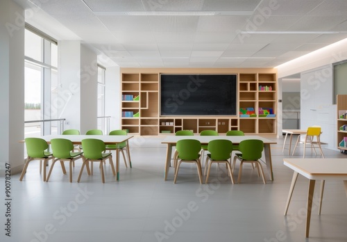 An empty, modern school classroom with green chairs and white walls, a chalkboard in the center