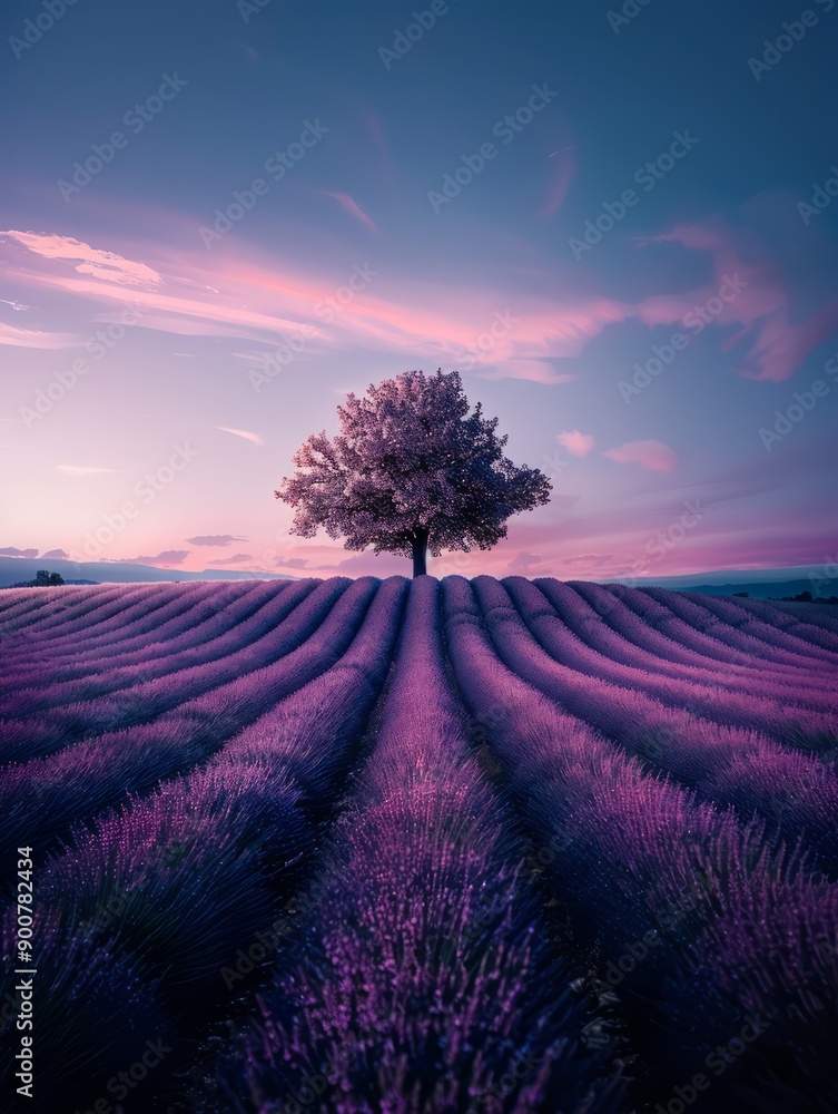 Fototapeta premium Lavender Sunset Serenity: A solitary tree stands sentinel over rolling hills of vibrant purple lavender, bathed in the soft glow of a breathtaking sunset. A tranquil scene of natural beauty.