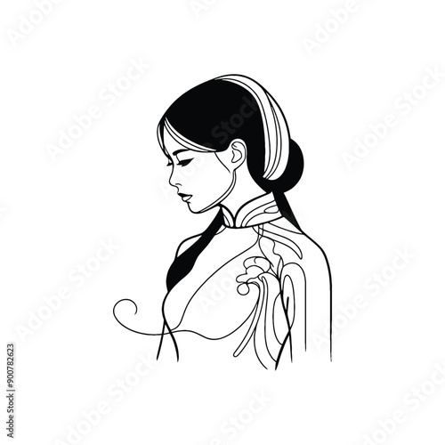 woman wear traditional fashion Vietnamese ao dai in silk in simple one-line drawing, flat logo, minimalist, less detail, portrait, high contrast, cutout, vector, bw, isolated white, -