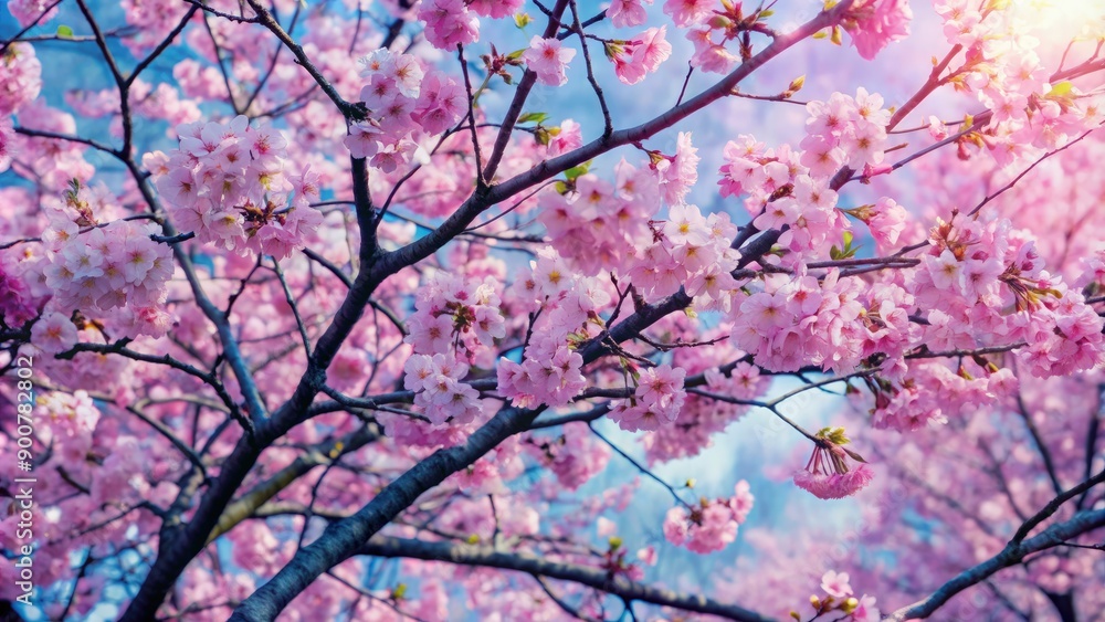Blooming Cherry Blossoms Branches Against A Blue Sky. Generative AI Blooming Cherry Blossoms Branches Against A Blue Sky. Generative AI