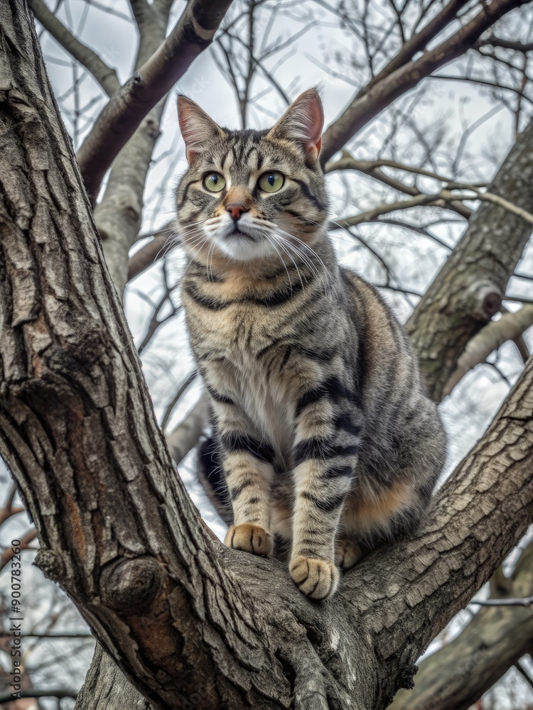 Tabby Cat Perched High in Bare Tree Branch on Cloudy Day. Generative AI Tabby Cat Perched High in Bare Tree Branch on Cloudy Day. Generative AI