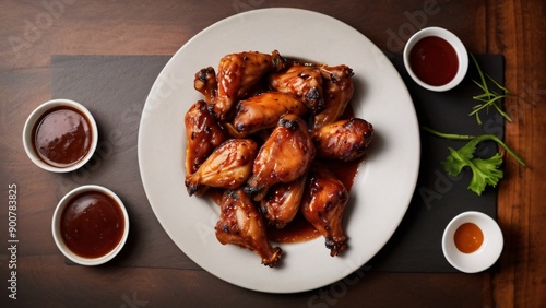 BBQ, Chicken wings on a grill with a side of BBQ sauce photo