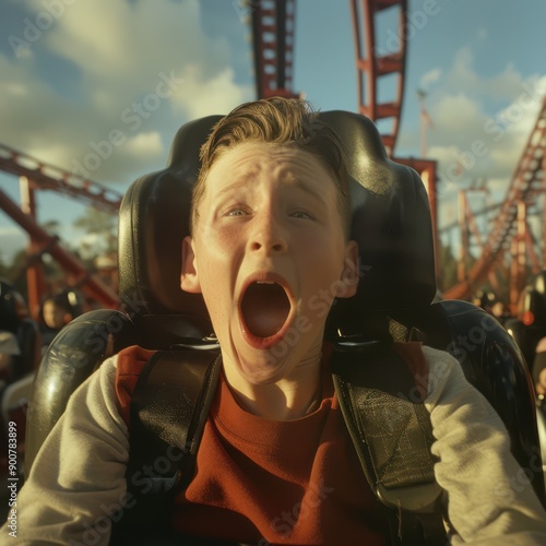 a boy is sitting in a roller coaster photo