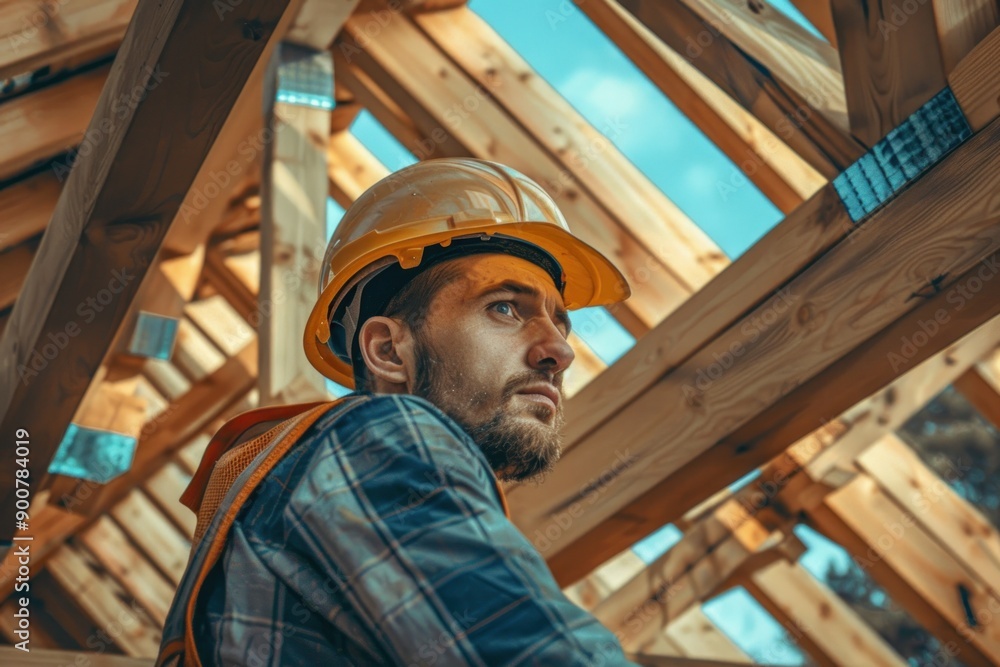 a male building tradesman works on a wooden roof structure a male building tradesman works on a wooden roof structure
