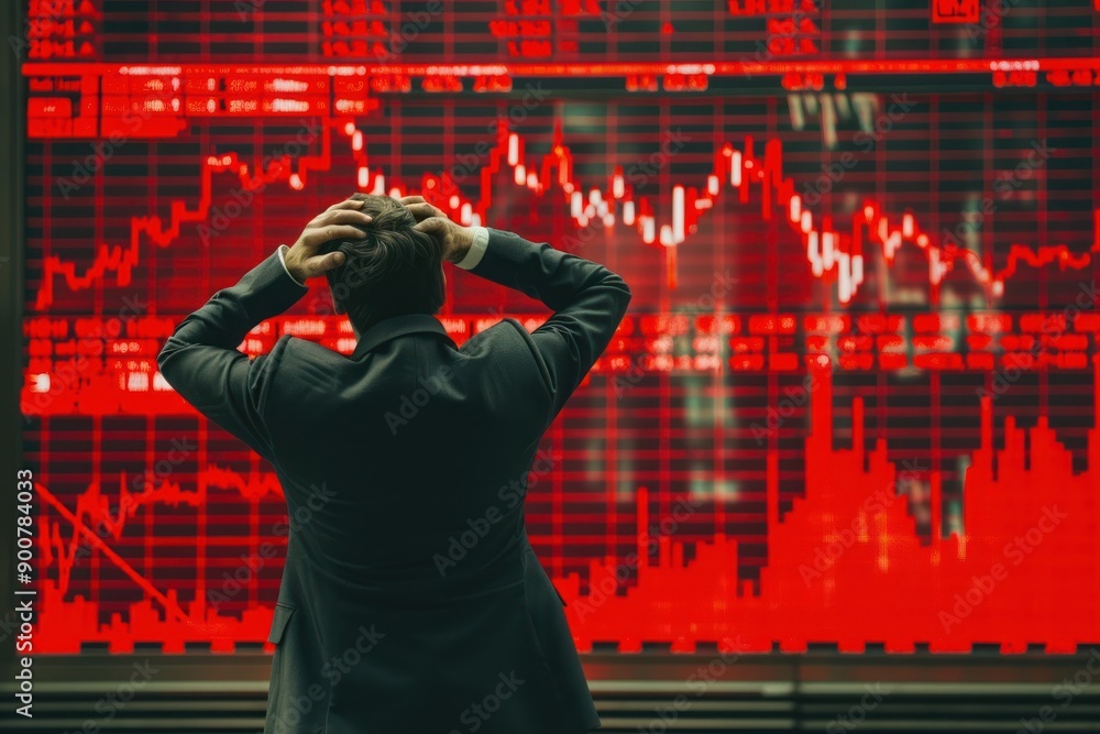 a man in a business suit holding his head against a red scoreboard with market quotes and charts. Market crash a man in a business suit holding his head against a red scoreboard with market quotes and charts. Market crash