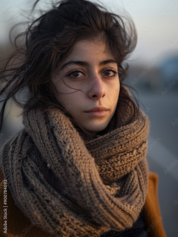 a woman with a scarf on her head a woman with a scarf on her head