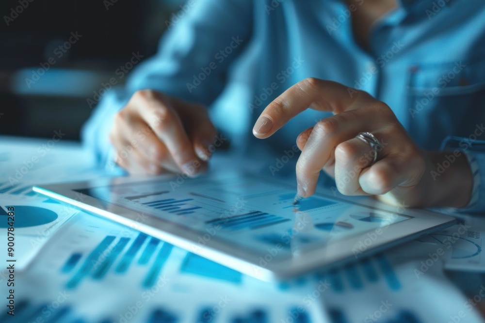 A person conducting market research and analysis on a tablet, identifying opportunities and trends for their startup A person conducting market research and analysis on a tablet, identifying opportunities and trends for their startup