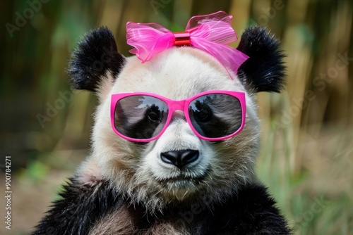 a panda bear wearing pink sunglasses and a pink bow on its head photo