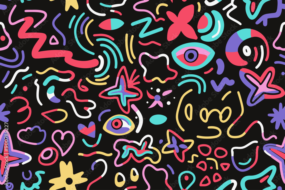 Fototapeta premium Fun shapes children seamless pattern. Flower geometric neon bright color funky groovy 90s cartoon isolated print pattern. Vector illustration on black background