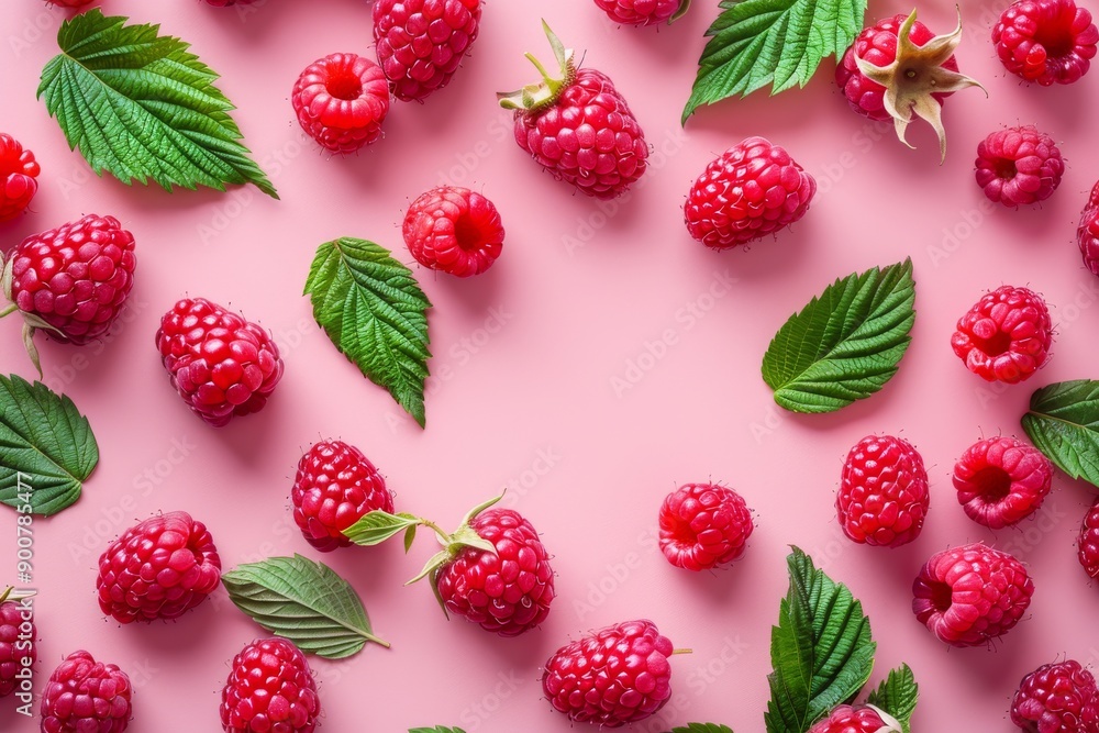 Fresh ripe raspberries and green leaves on a pink background Fresh ripe raspberries and green leaves on a pink background