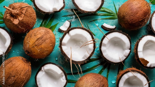 A bunch of coconuts are cut open and sitting on a blue background, AI photo