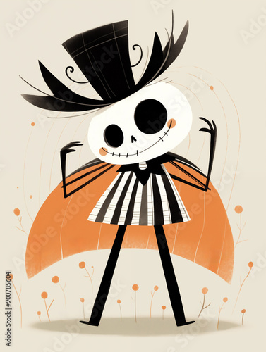 Illustration of a cute and scary Halloween character in black and orange 