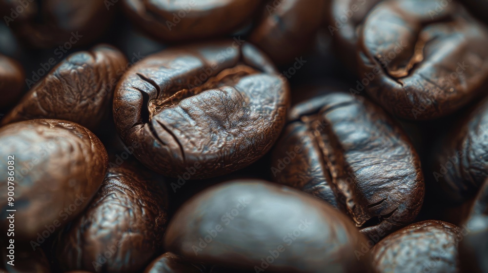 Close-Up of Glossy Roasted Coffee Beans Highlighting Rich Aroma and Flavor for Coffee Enthusiasts Close-Up of Glossy Roasted Coffee Beans Highlighting Rich Aroma and Flavor for Coffee Enthusiasts