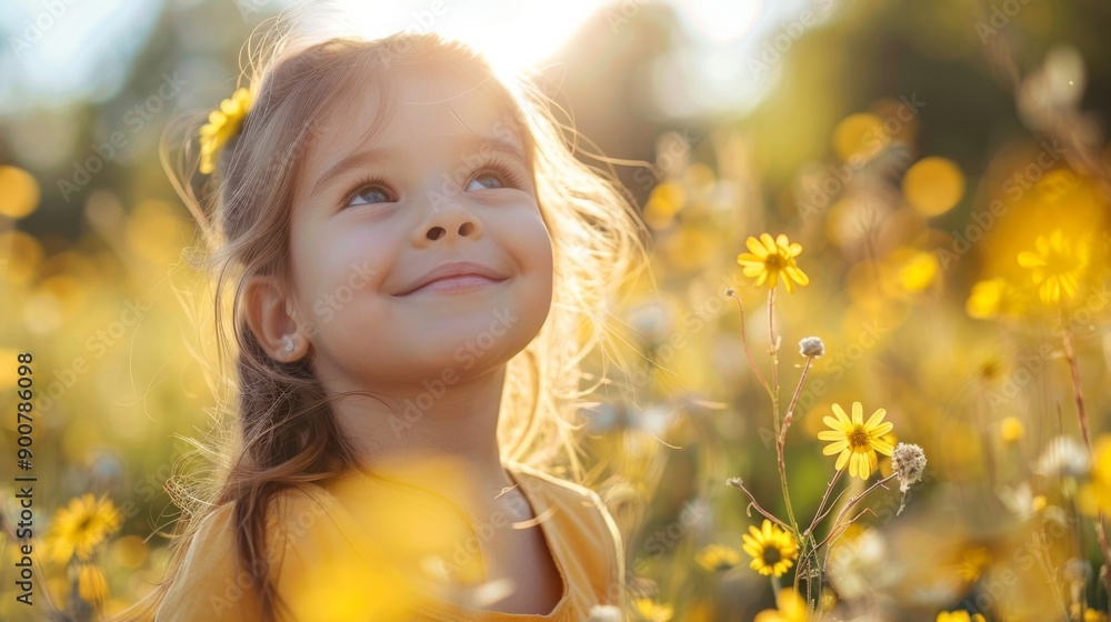 Young girl enjoying a sunny day in a field of daisies Young girl enjoying a sunny day in a field of daisies