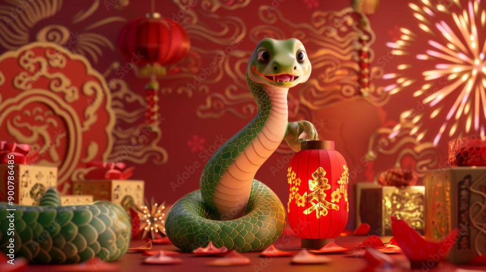 Smiling Green Snake with Lanterns and Gifts for Chinese New Year Smiling Green Snake with Lanterns and Gifts for Chinese New Year