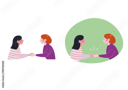 笑顔で握手するアジア人女性と欧米人女性