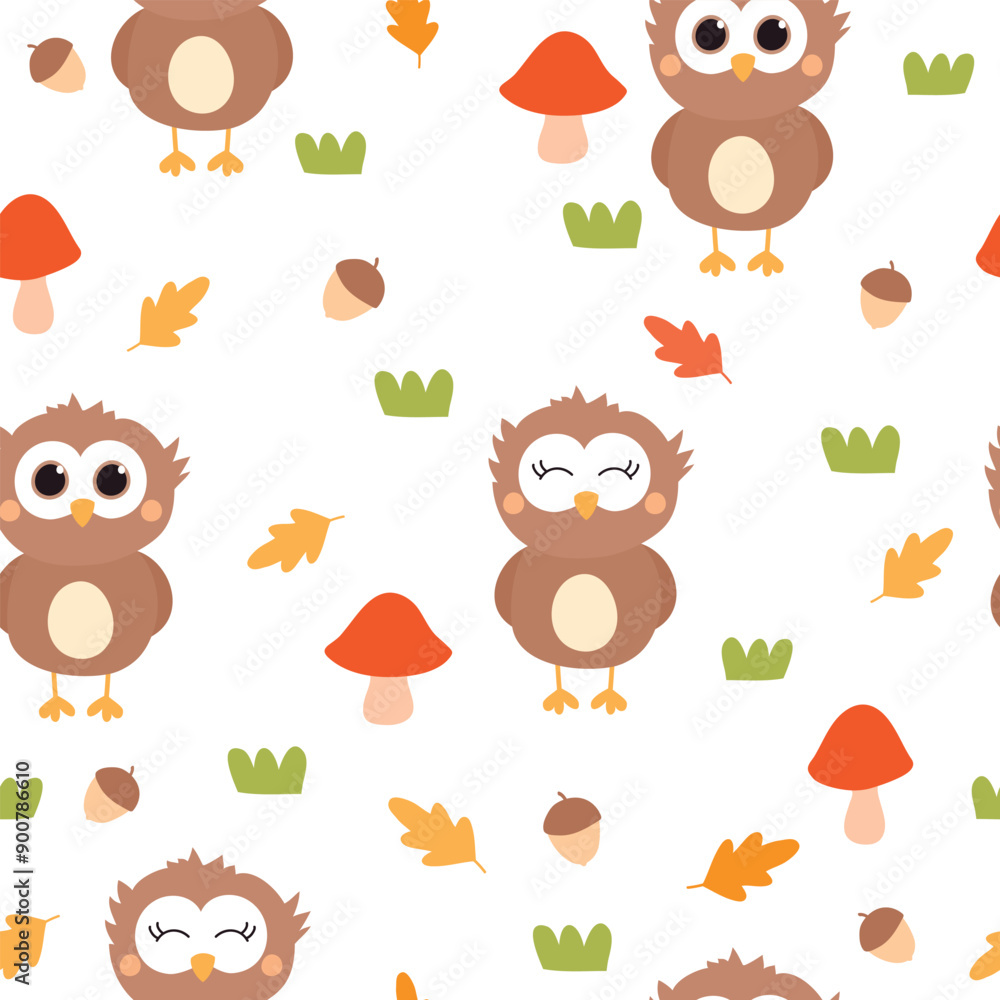 Obraz premium Cute owl. Seamless pattern with owls, mushrooms, acorns and fall leaves. Childish autumn texture. Vector illustration on white background. 