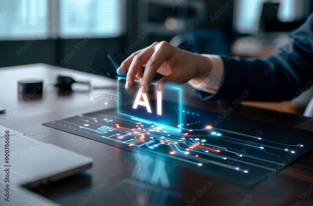 Businessman touching a digital icon of artificial intelligence with his hand on a desk Businessman touching a digital icon of artificial intelligence with his hand on a desk