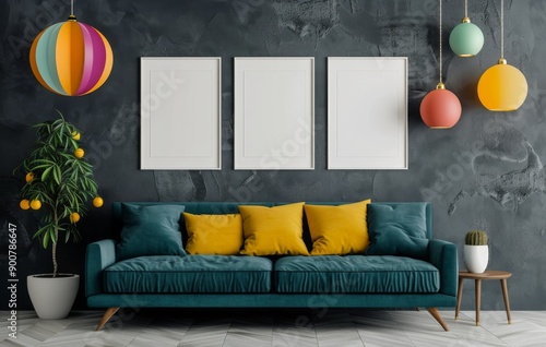 Teal Sofa With Yellow Pillows and Empty Frames