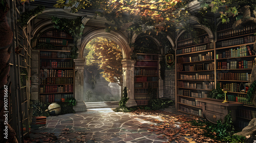 A mystical library filled with ancient books, illuminated by the soft glow of candlelight. photo