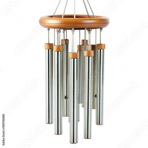 Silver Chimes With Wooden Top Hanging Against White Background. Generative AI