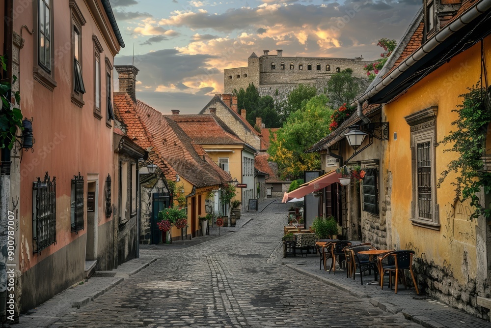 Fototapeta premium Charming Cobblestone Streets in a Historic European City with Inviting Outdoor Cafes and Ancient Buildings