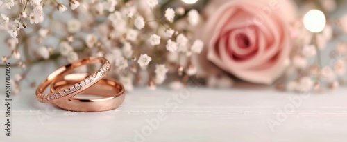 Rose and Wedding Bands on White Table