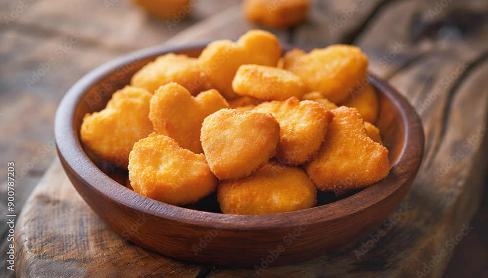 Chicken nuggets in shape of small heart, view from above on dark plate and table. Generative AI Chicken nuggets in shape of small heart, view from above on dark plate and table. Generative AI