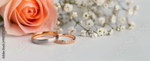 Rose and Wedding Bands on White Table
