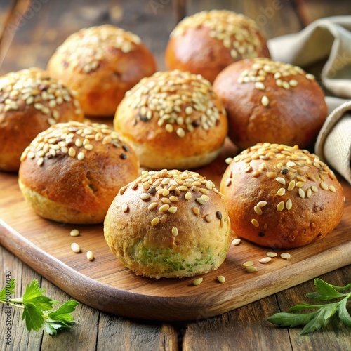 Freshly Baked Sesame Seed Rolls on a Wooden Cutting Board. Generative AI