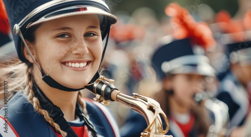 Young Woman Playing Saxophone in Marching Band